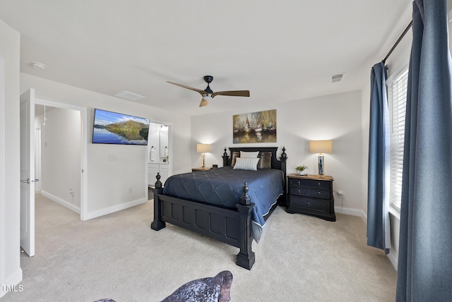 bedroom with baseboards, a ceiling fan, light colored carpet, and visible vents