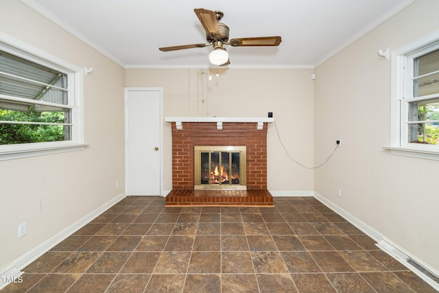 unfurnished living room featuring a brick fireplace, ceiling fan, visible vents, and baseboards