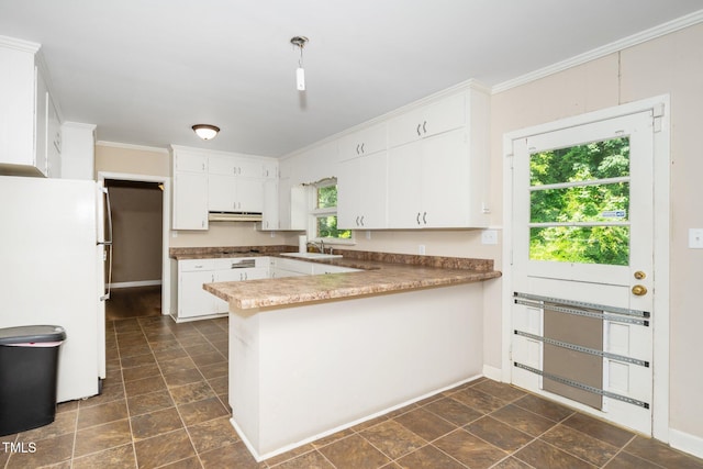 kitchen with crown molding, freestanding refrigerator, a peninsula, under cabinet range hood, and stone finish flooring