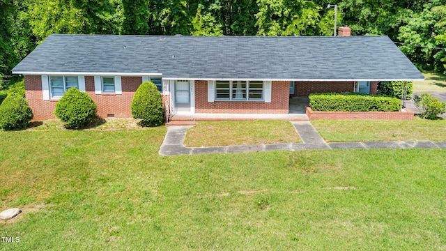 single story home featuring crawl space, a chimney, brick siding, a front lawn, and a shingled roof