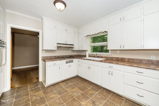 kitchen featuring electric stovetop, crown molding, dark countertops, a sink, and under cabinet range hood