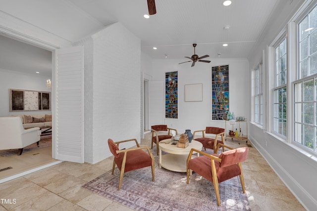 interior space featuring recessed lighting, ceiling fan, ornamental molding, and light tile patterned flooring