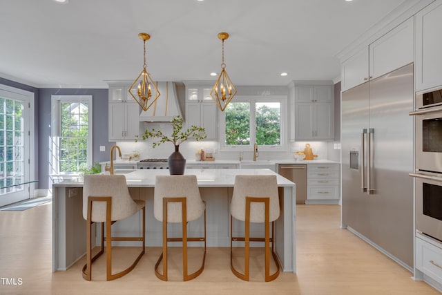 kitchen with light wood-style flooring, stainless steel appliances, a wealth of natural light, backsplash, and custom exhaust hood