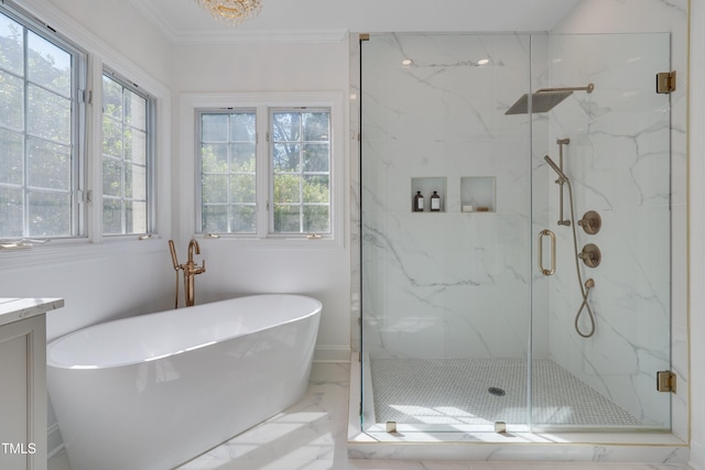 bathroom with crown molding, a marble finish shower, a healthy amount of sunlight, and marble finish floor