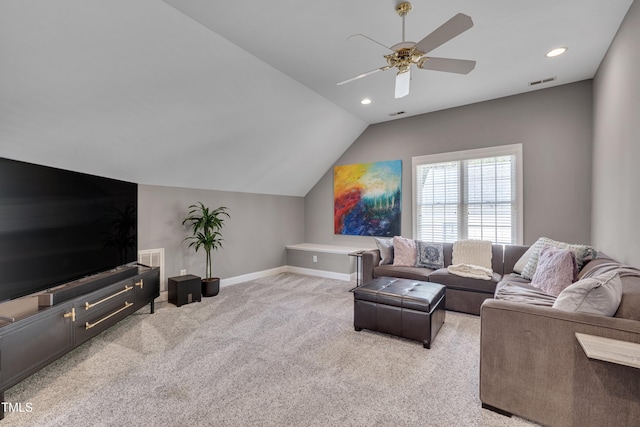 carpeted living room with visible vents, lofted ceiling, baseboards, ceiling fan, and recessed lighting