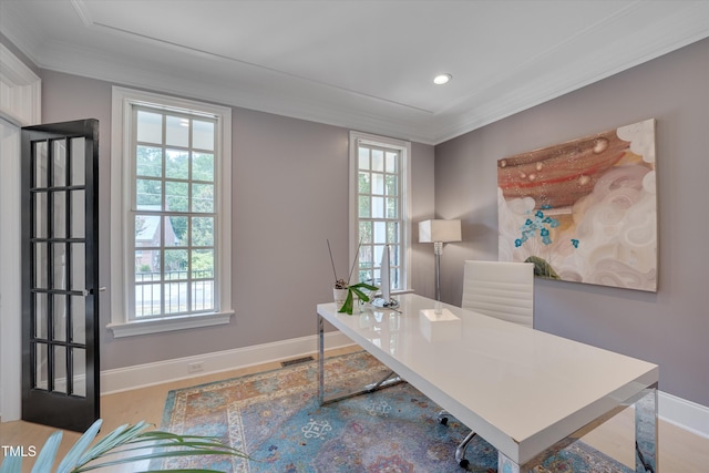 office with baseboards, ornamental molding, and plenty of natural light