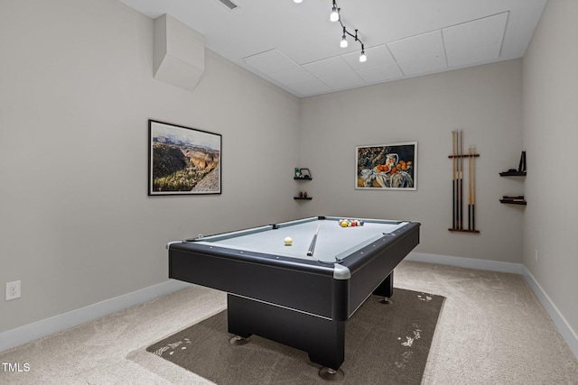 recreation room with light colored carpet, billiards, baseboards, and rail lighting