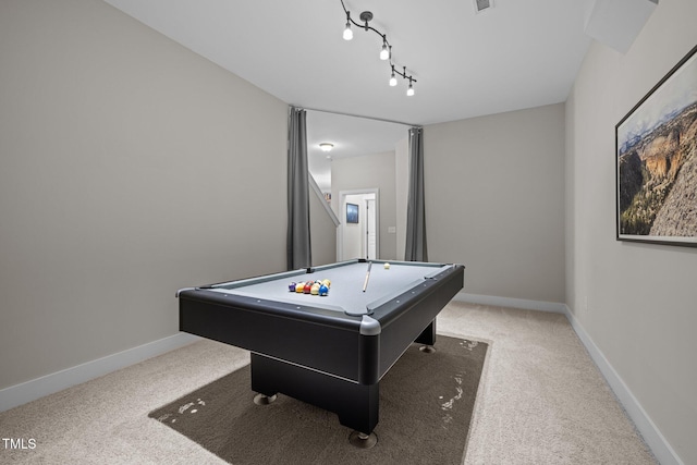 game room with light colored carpet, billiards, baseboards, and visible vents