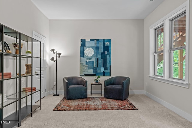 sitting room with baseboards and carpet flooring