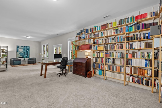 office space featuring carpet flooring and visible vents