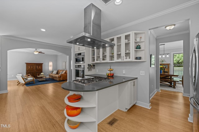 kitchen featuring stainless steel appliances, open shelves, island range hood, and arched walkways