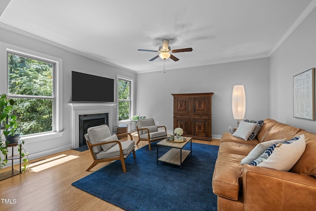 living room featuring crown molding, a ceiling fan, a fireplace with flush hearth, and wood finished floors