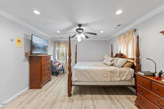 bedroom featuring crown molding, recessed lighting, light wood-type flooring, and a textured ceiling