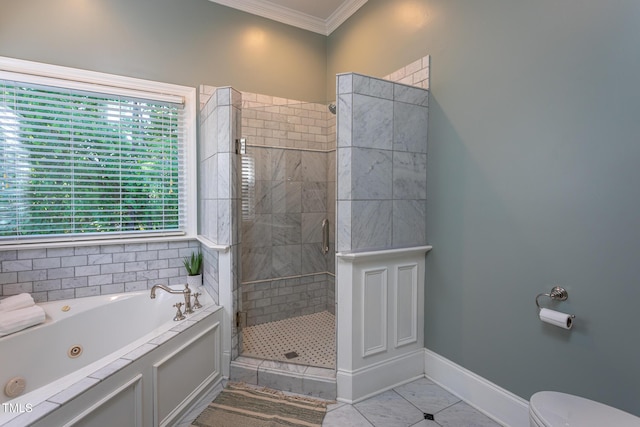 bathroom featuring crown molding, baseboards, a stall shower, and a jetted tub