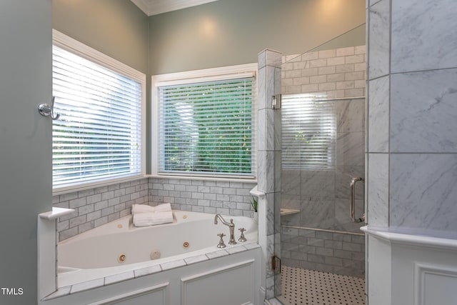 bathroom featuring a jetted tub, ornamental molding, and a shower stall