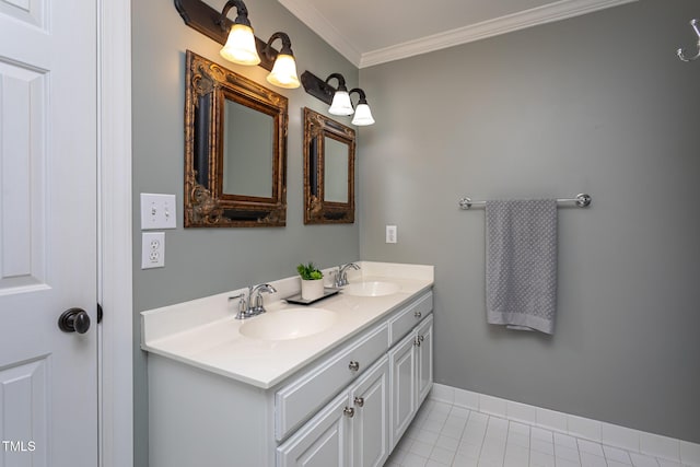 full bath with double vanity, a sink, tile patterned flooring, and ornamental molding