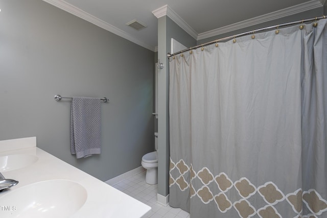 bathroom featuring visible vents, ornamental molding, toilet, tile patterned floors, and a sink