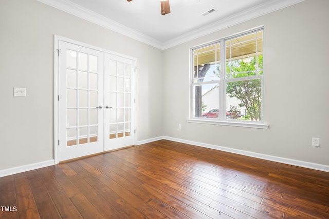 spare room featuring baseboards, ceiling fan, french doors, and visible vents