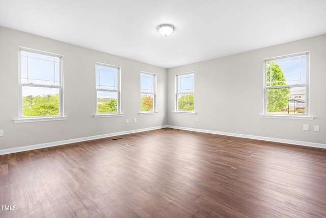 spare room with a healthy amount of sunlight, baseboards, and dark wood-style floors