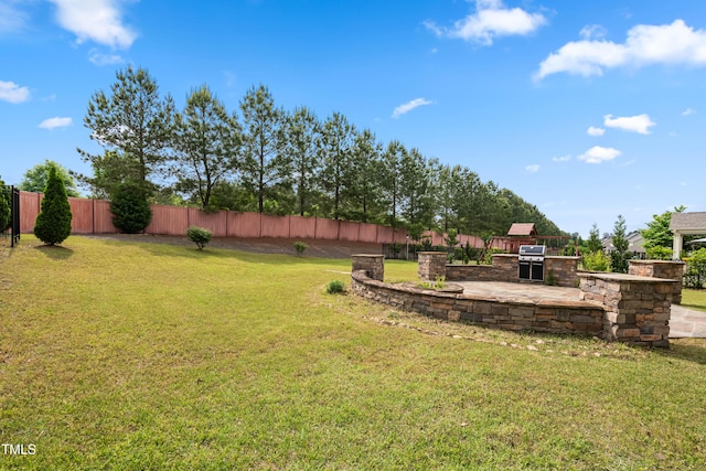 view of yard featuring fence, a patio, and exterior kitchen