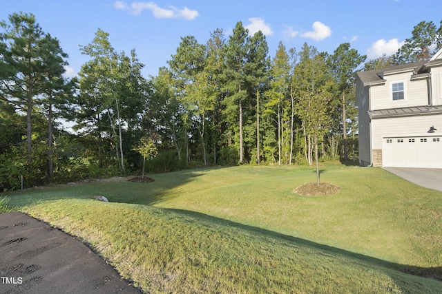view of yard featuring a garage and driveway