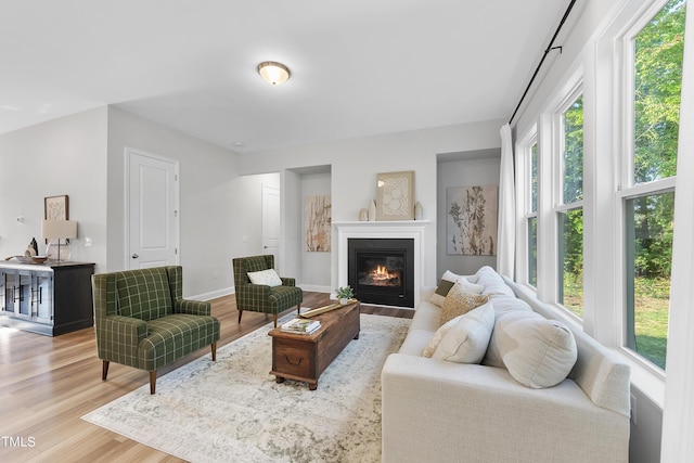 living room featuring baseboards, a glass covered fireplace, and wood finished floors