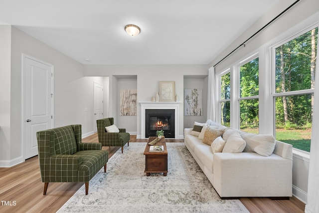 living room with a glass covered fireplace, baseboards, and wood finished floors