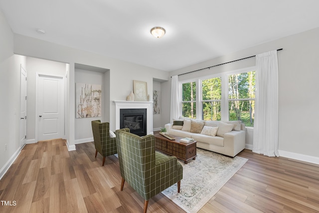 living room featuring baseboards, a glass covered fireplace, and light wood-type flooring