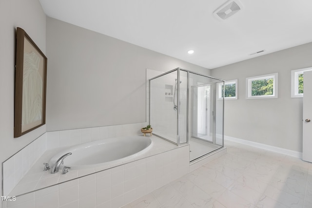 full bathroom featuring recessed lighting, visible vents, a bath, and a stall shower