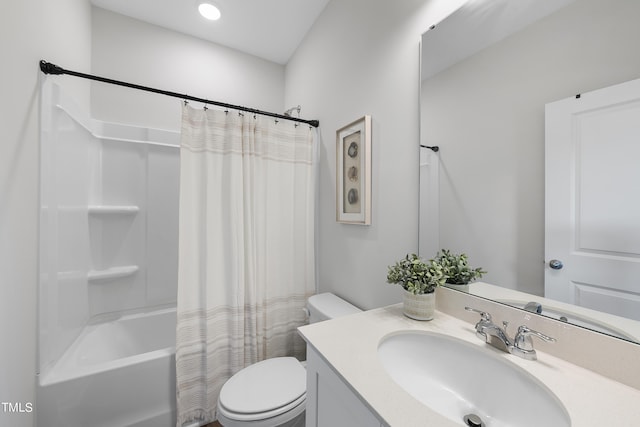 full bathroom featuring recessed lighting, vanity, shower / bathtub combination with curtain, and toilet