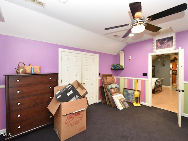 2371 NC-210, Smithfield, NC 27577 - bedroom featuring lofted ceiling, dark colored carpet, ceiling fan, and baseboards