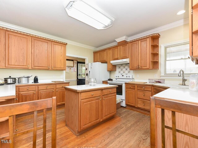2371 NC-210, Smithfield, NC 27577 - kitchen featuring white appliances, under cabinet range hood, crown molding, light countertops, and light wood-type flooring