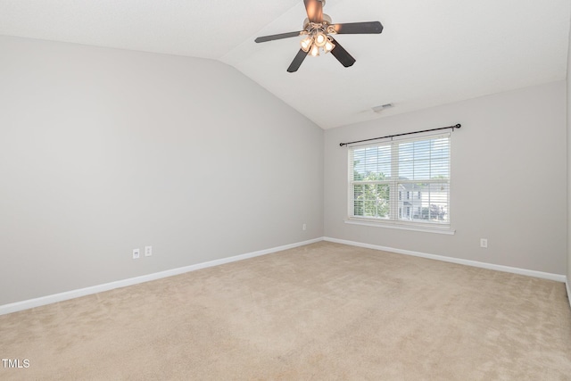 203 Downing Bluff Dr, Morrisville, NC 27560 - unfurnished room featuring light carpet, a ceiling fan, baseboards, lofted ceiling, and visible vents