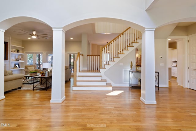 211 Page St, Morrisville, NC 27560 - foyer featuring recessed lighting, light wood-style flooring, ceiling fan, and stairway