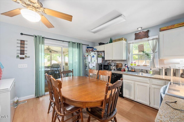 dining space with ceiling fan, a healthy amount of sunlight, and light wood-type flooring