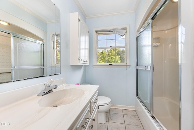 full bath with tile patterned flooring, vanity, baseboards, toilet, and ornamental molding