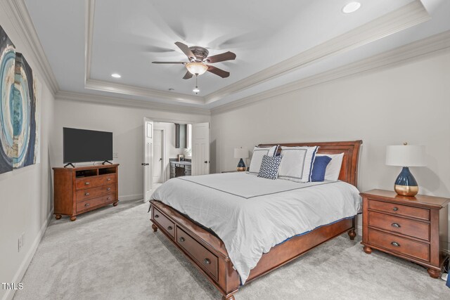 3304 Rockland Ridge Dr, Cary, NC 27519 - bedroom with a raised ceiling, light colored carpet, crown molding, baseboards, and connected bathroom