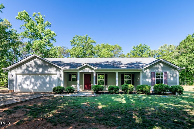 single story home featuring a garage, concrete driveway, a porch, and a front yard