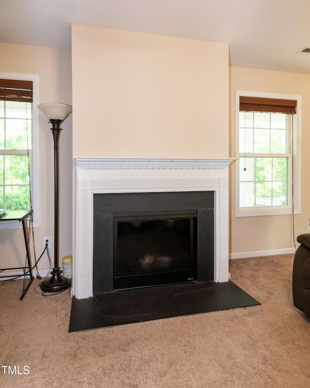 interior details with carpet floors, baseboards, and a fireplace with flush hearth