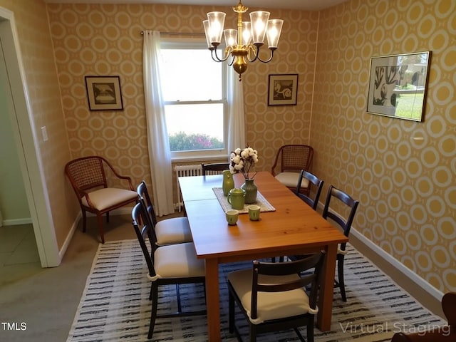 4908 Mandel Rd, Durham, NC 27712 - dining room with wallpapered walls, baseboards, a chandelier, and radiator heating unit