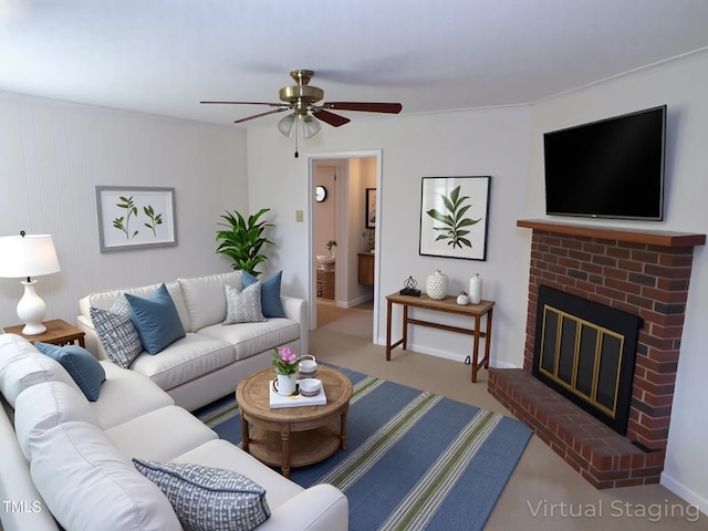 4908 Mandel Rd, Durham, NC 27712 - living room with ceiling fan, a brick fireplace, and baseboards