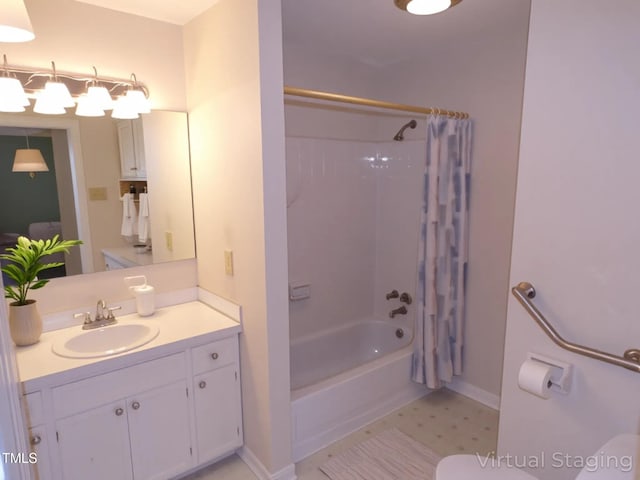 4908 Mandel Rd, Durham, NC 27712 - bathroom with toilet, shower / bathtub combination with curtain, vanity, tile patterned floors, and baseboards