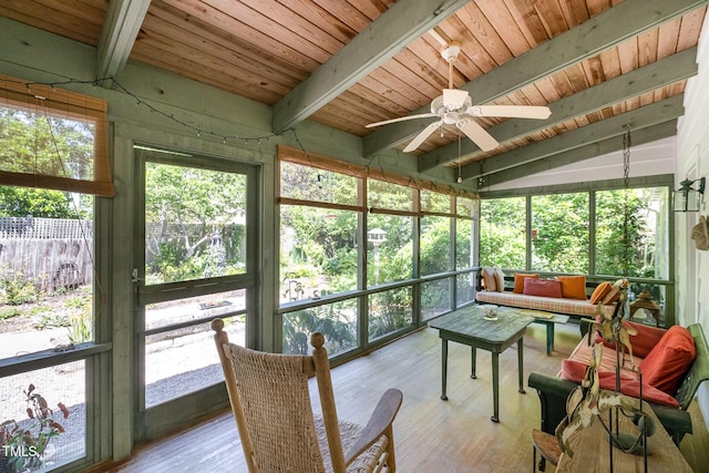 sunroom with beamed ceiling and ceiling fan