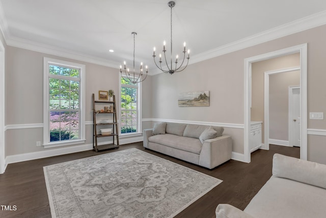 living area featuring crown molding, dark wood-style flooring, and a notable chandelier