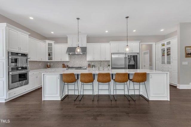 kitchen with white cabinetry, tasteful backsplash, exhaust hood, and stainless steel appliances