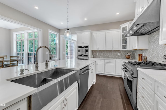 kitchen with dark wood-style flooring, appliances with stainless steel finishes, a sink, light countertops, and under cabinet range hood