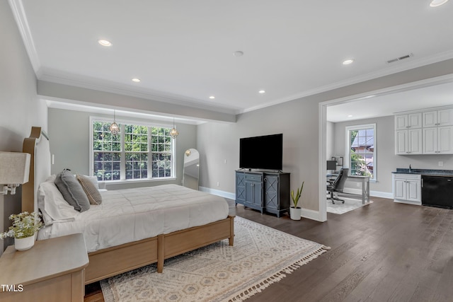 bedroom featuring visible vents, ornamental molding, baseboards, dark wood-style floors, and recessed lighting