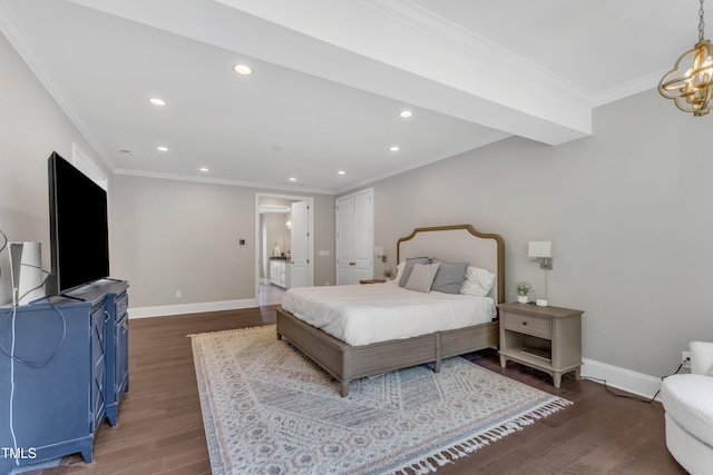 bedroom with wood finished floors, baseboards, a chandelier, ornamental molding, and recessed lighting