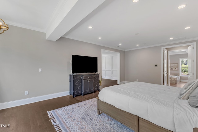 bedroom featuring baseboards, ornamental molding, recessed lighting, and wood finished floors
