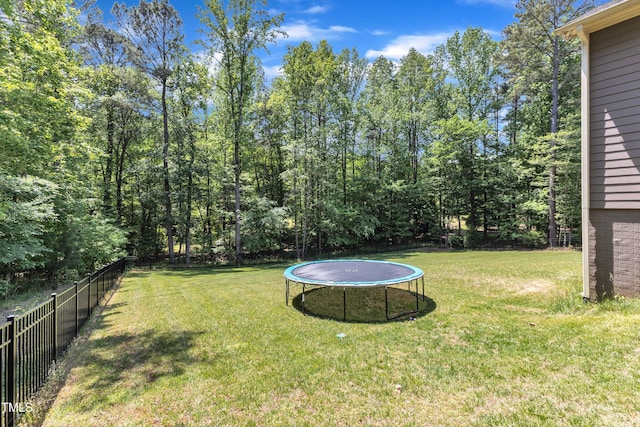 view of yard with a fenced backyard and a trampoline